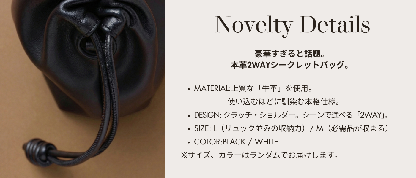 Novelty Details 豪華すぎると話題。本革2WAYシークレットバッグ。クラッチ・ショルダーになる。シーンで選べる2WAY。サイズはLとM。カラーは黒と白。※サイズとカラーはランダムでお届けします。